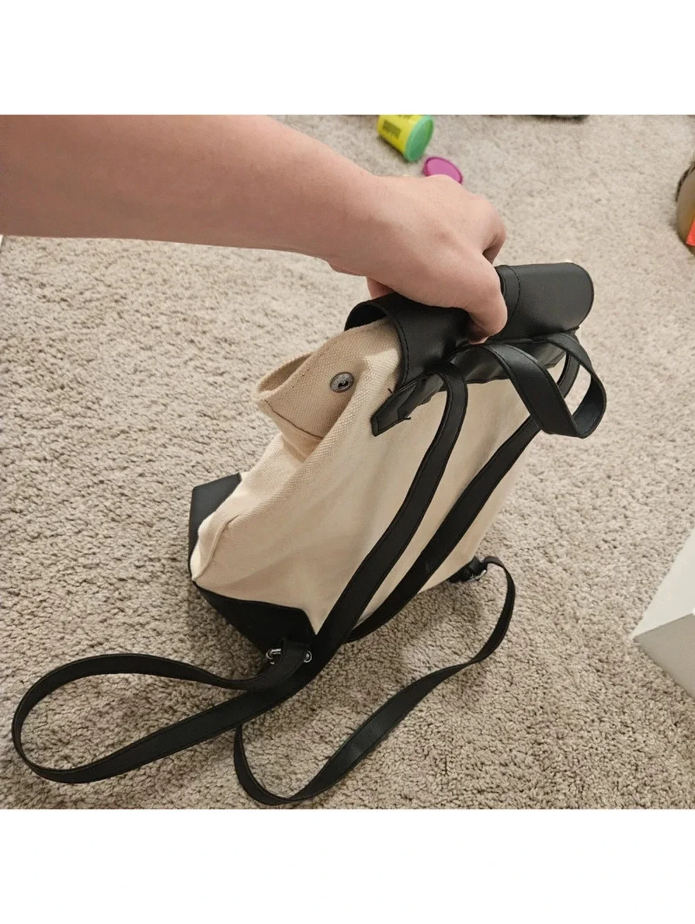 Deux Lux Cream Canvas Black Vegan Leather Backpack Minimalist Bag